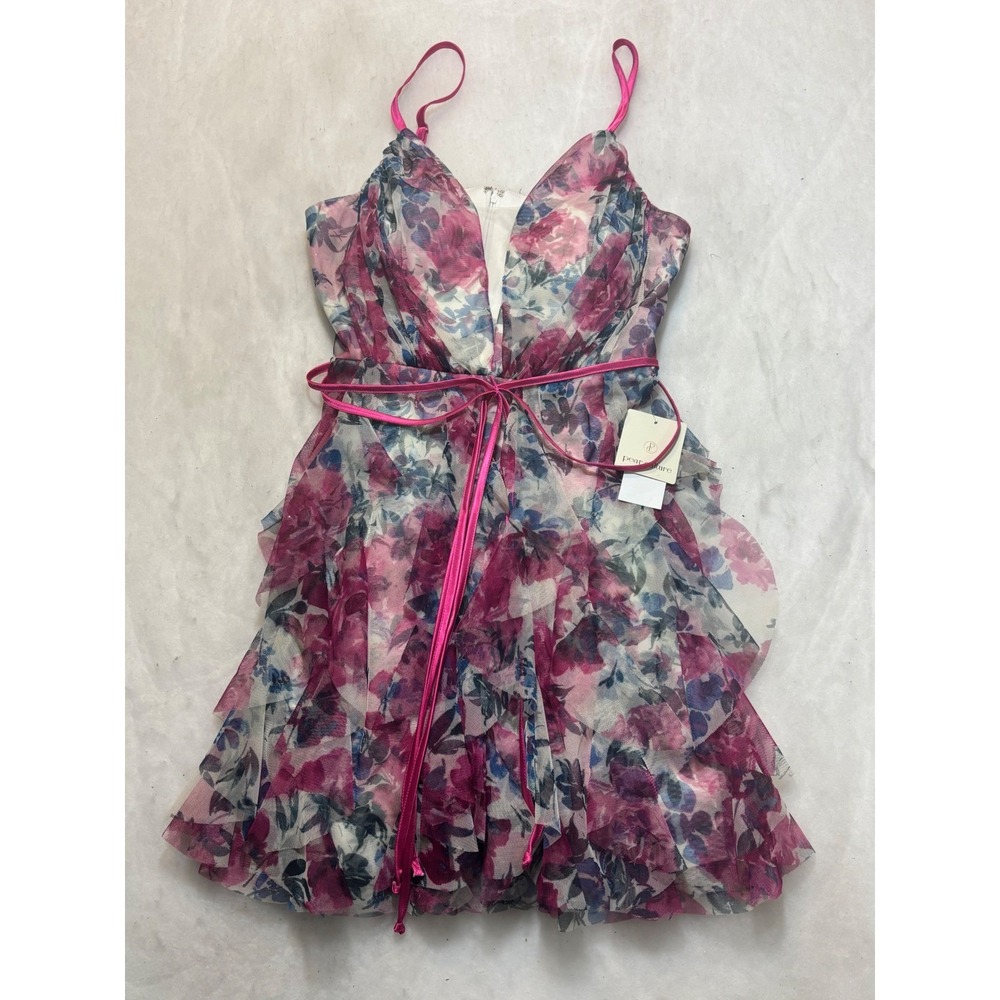 Pear Culture Lace Trim Floral Ruffle Mini Dress Pink Blue White Spaghetti Strap‎